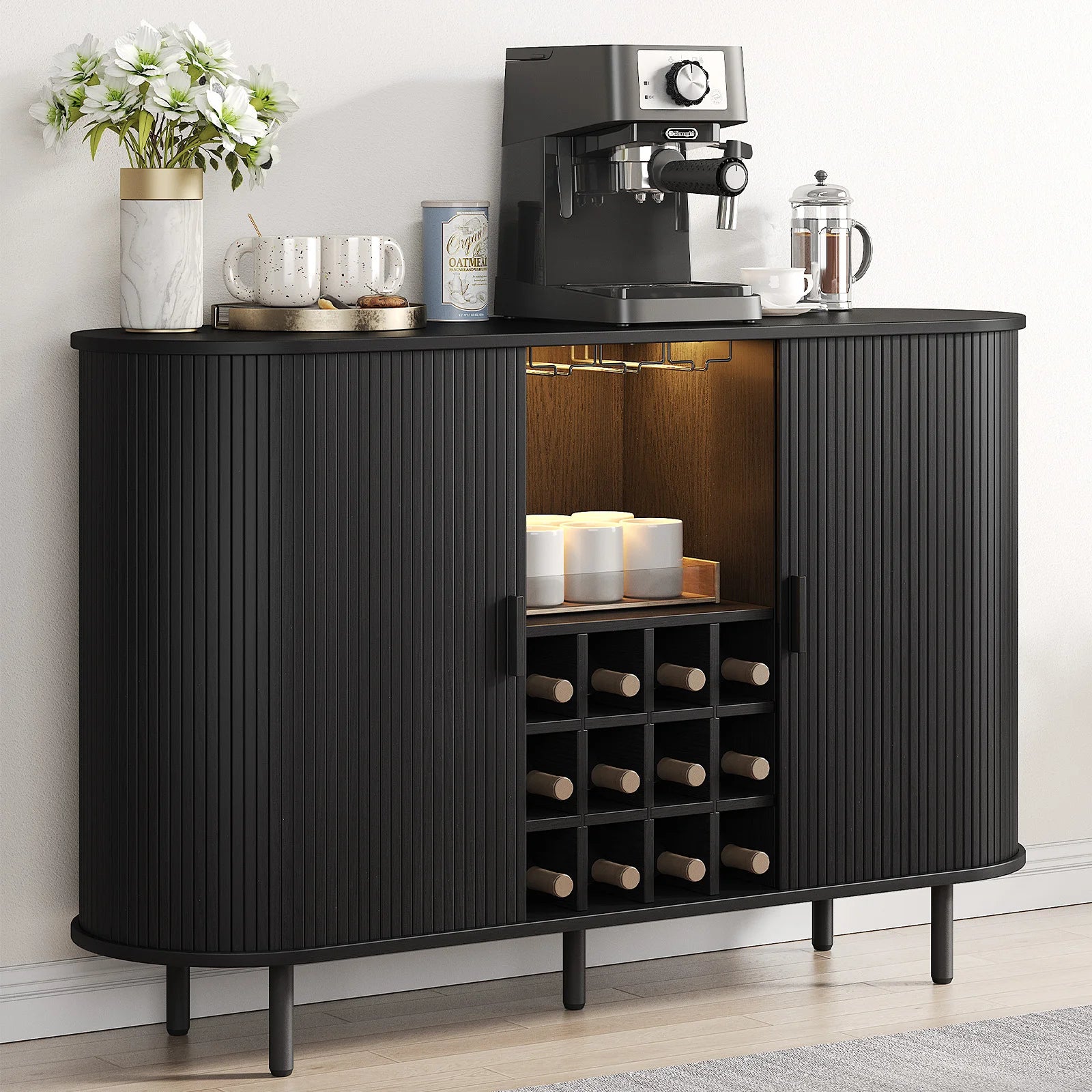 Wine Bar Cabinet w/ LED Light, Liquor Cabinet ,Coffee Bar Cabinet w/ Wine Rack & Glass Holder, Walnut Buffet Sideboard