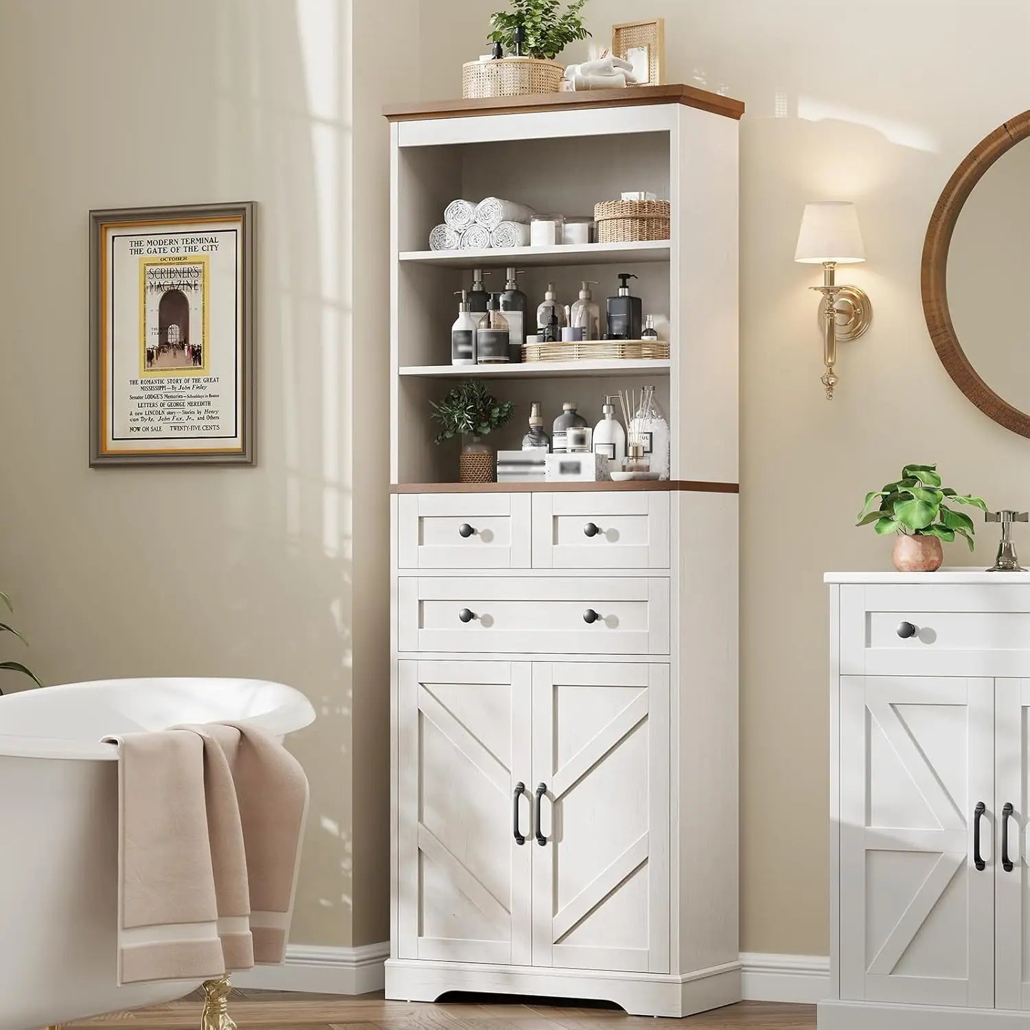 Farmhouse Bathroom Cabinet, 70" Tall Bathroom Storage Cabinet with 3 Drawers, Adjustable Shelves & Doors, 3 Tier