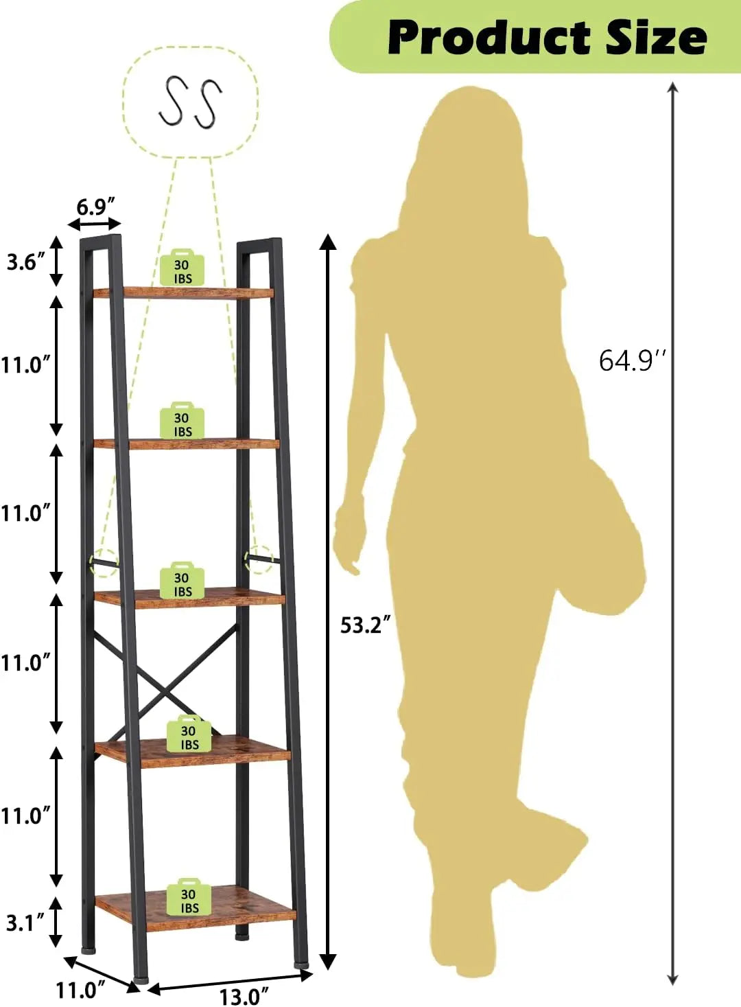 5 Tier Ladder Shelf Bookcase, Rustic Brown Metal Wood Display