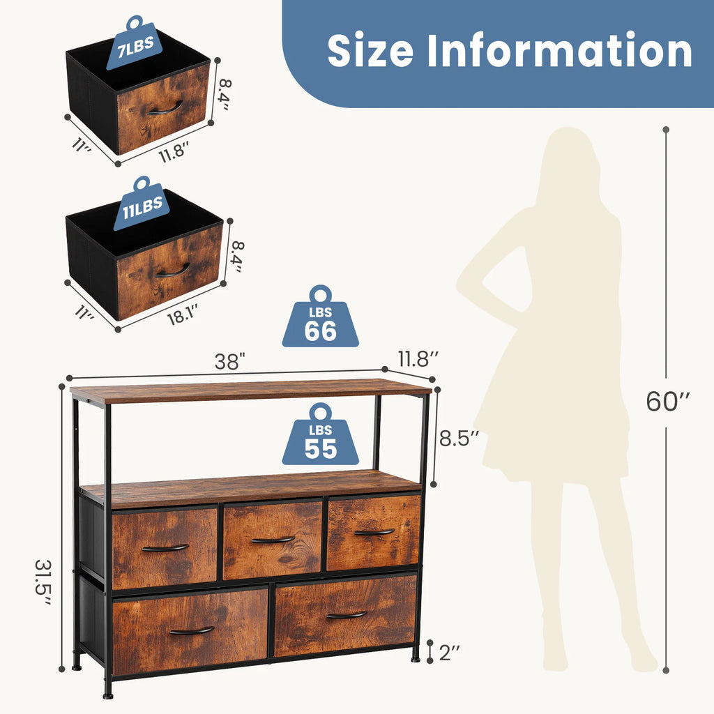 Dresser With 5 Fabric Drawers Storage