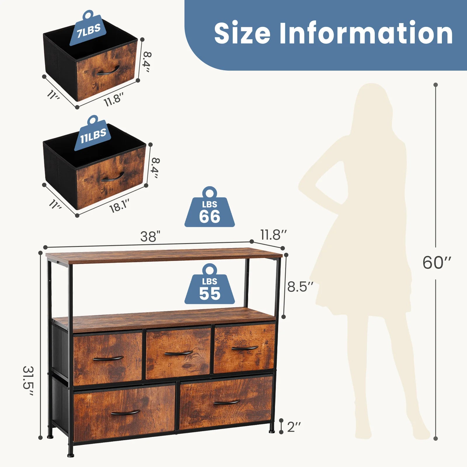Dresser With 5 Fabric Drawers Storage