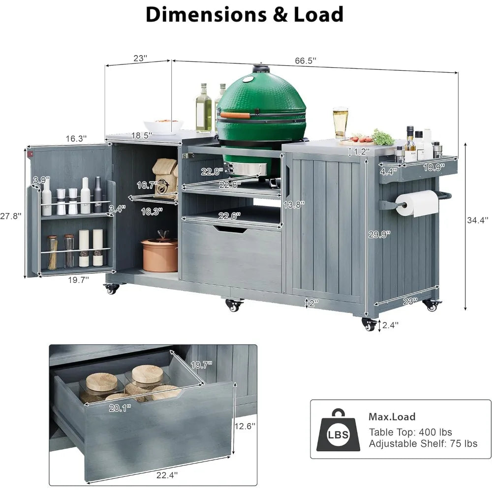 Outdoor Kitchen Island for Big Green Egg Grills, with Solid Wood Outdoor Grill Table and Stainless Steel Top