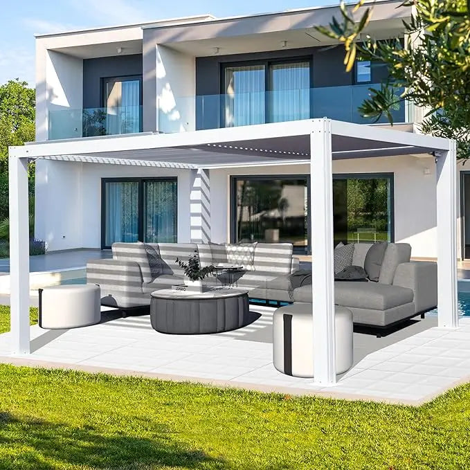 12' × 16' Louvered Pergola with Adjustable Roof, Curtains and Netting