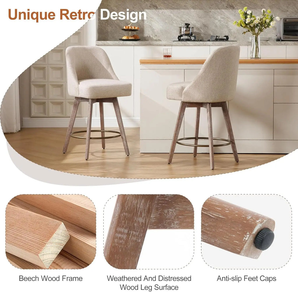 Modern Mid-Century Swivel Barstools with Backs and Wood Legs, Linen Fabric Upholstered Chairs