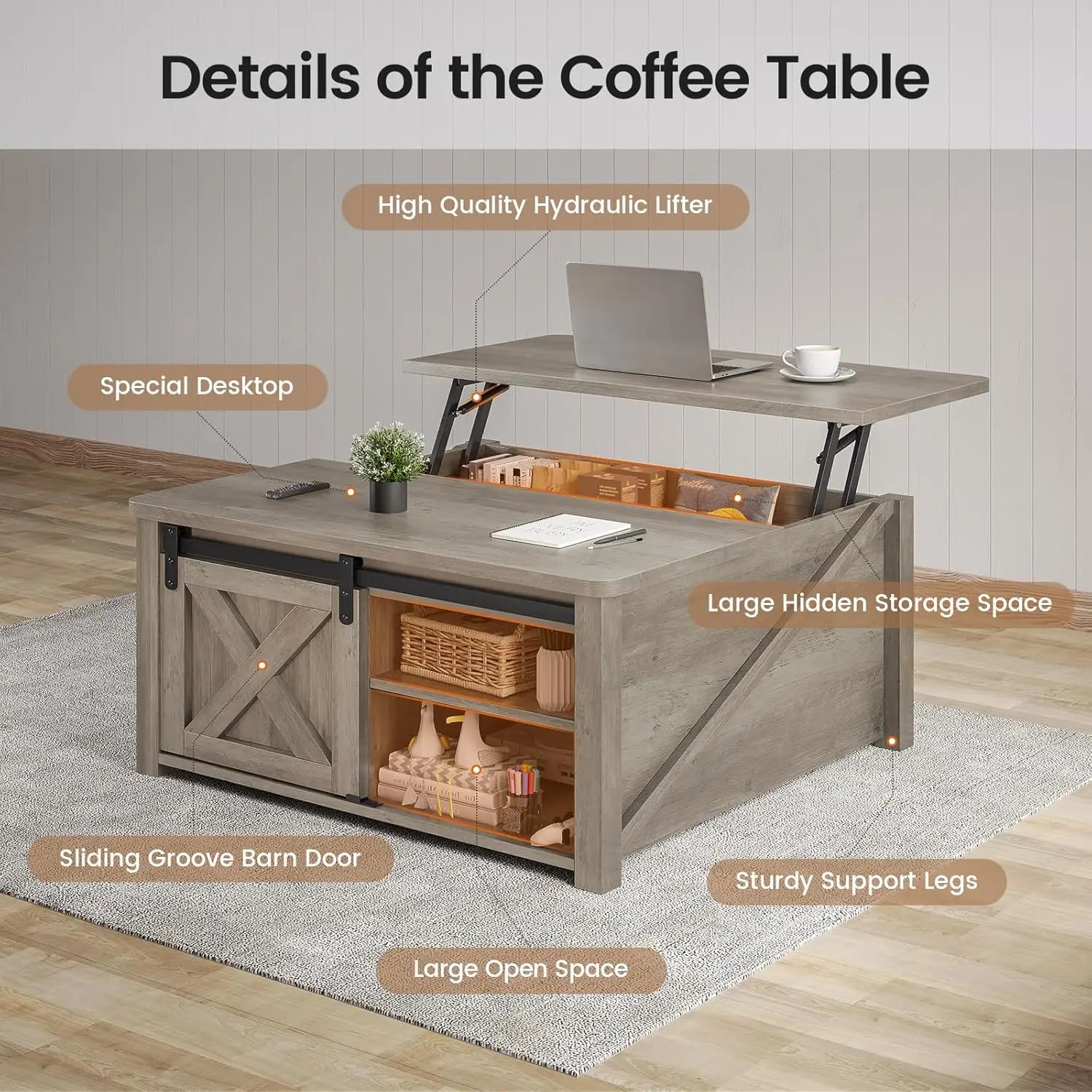 31.5" Lift Top Coffee Table with Storage, Farmhouse Coffee Table