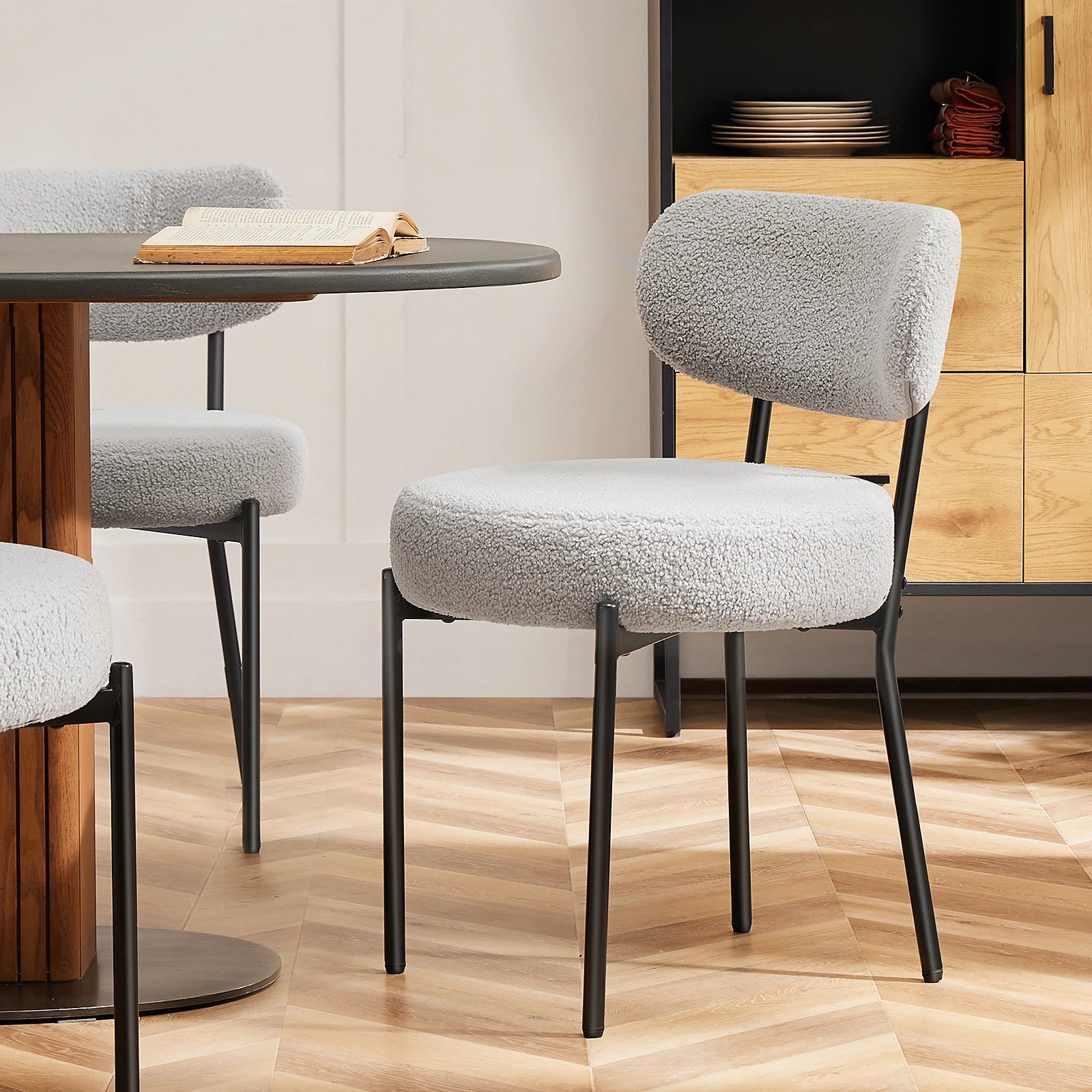 Round Dining Chairs Set of 2 Plush Fabric Kitchen Chairs with Curved Backrest Metal Legs