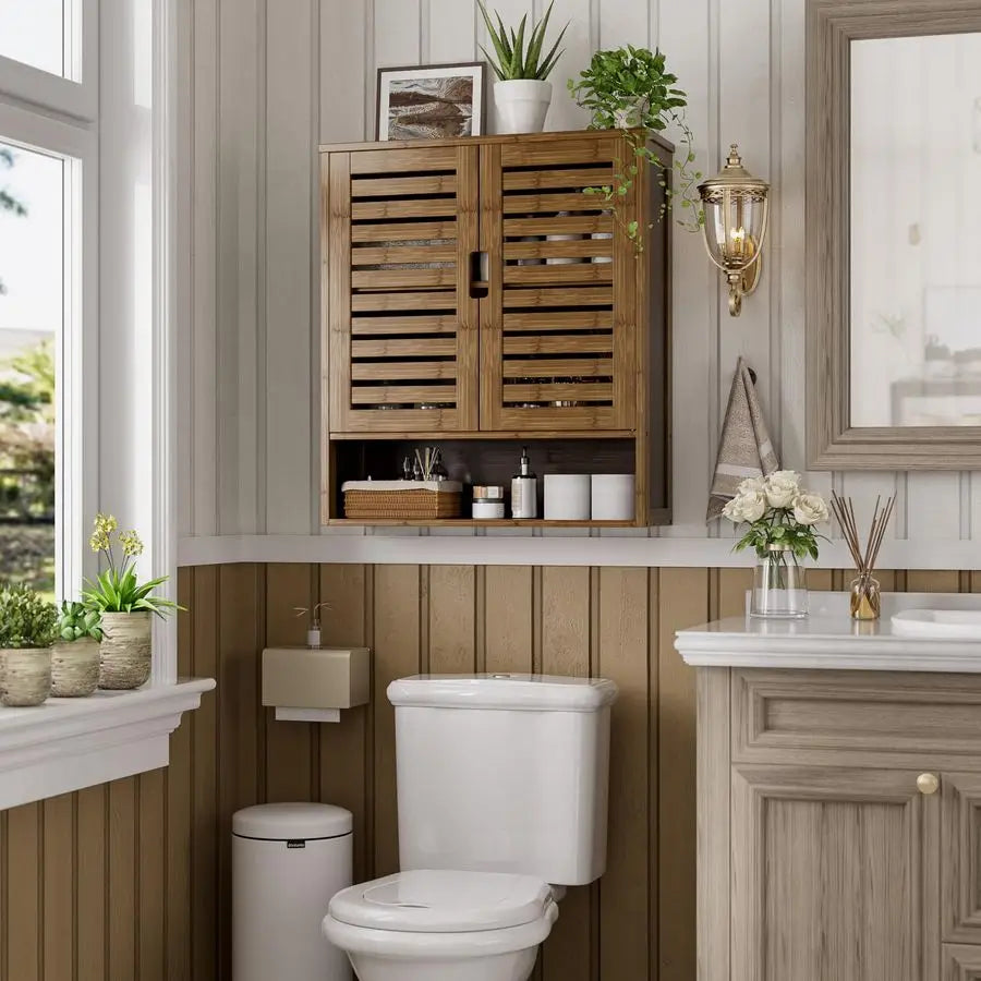Bathroom Cabinet Wall Mounted, Bamboo OverTheToilet Storage Organizer, Space Saver Medicine Cabinet with 2 Doors