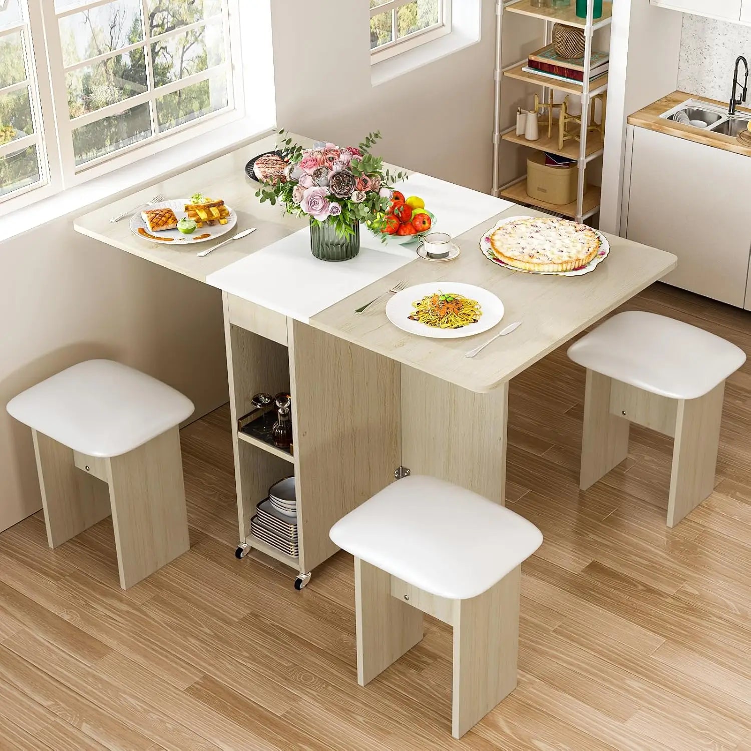 Folding Dining Table Set for 4, Leather Chairs and Shelves, Space Saving Foldable Dining Table