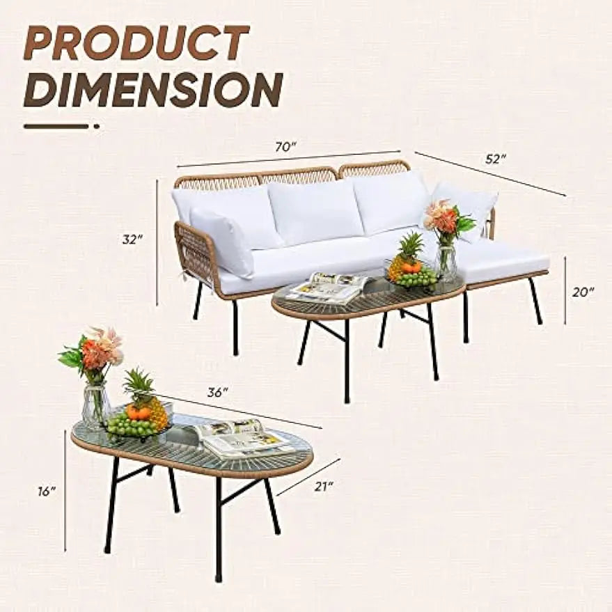Outdoor L-Shaped Rope Sofa Set with Table & Cushions