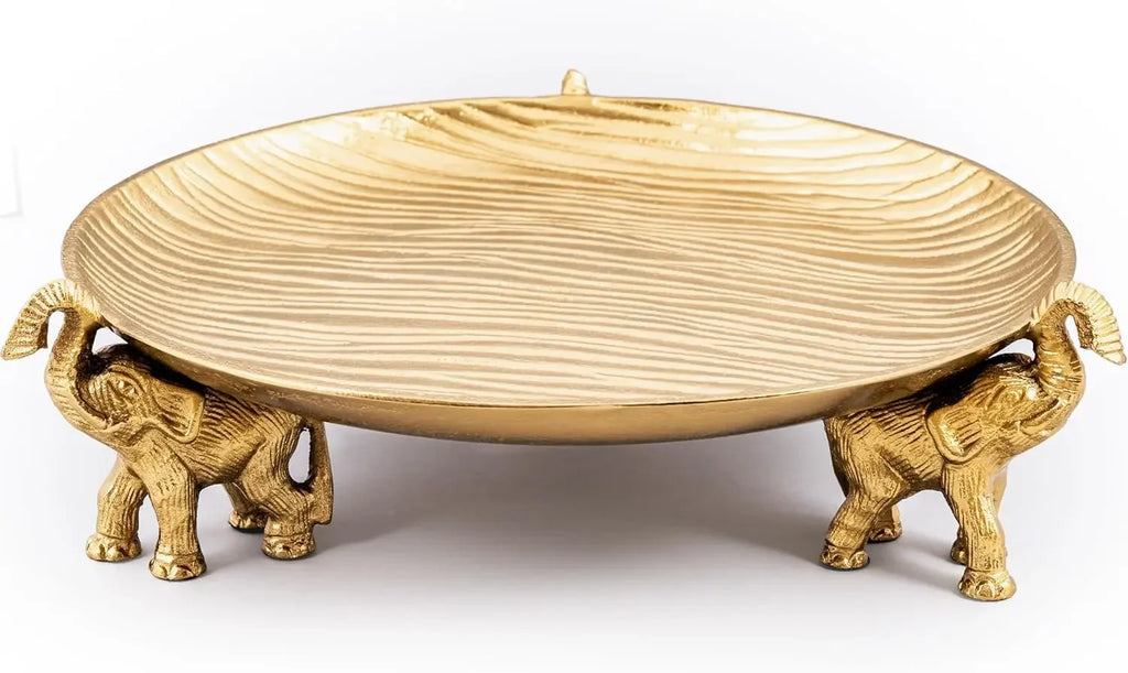 Round Decorative Tray with Elephant Stands, Golden