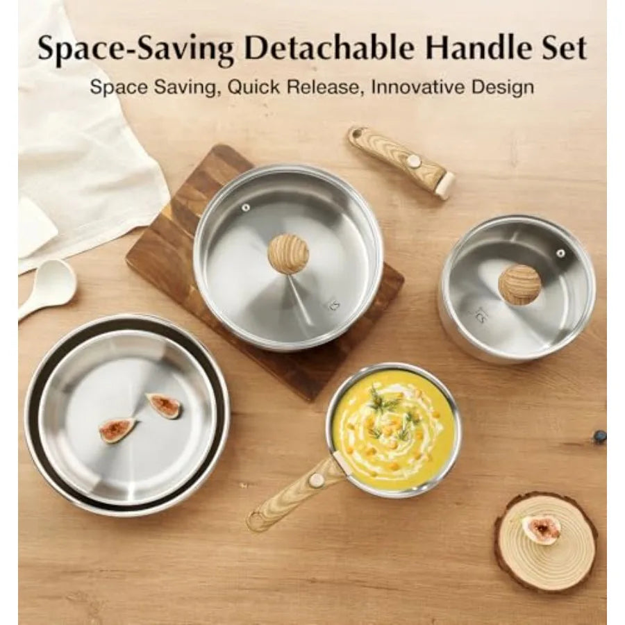 18 10 Stainless Steel Cookware Set 11PCS with Detachable Handles