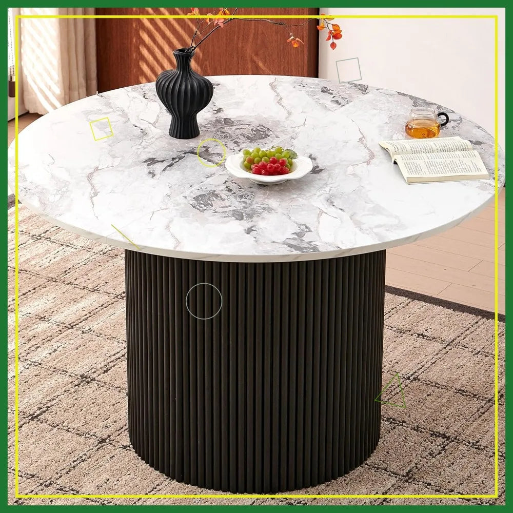 Modern Round Dining Table for 4-6, White Marble Top with Fluted Base