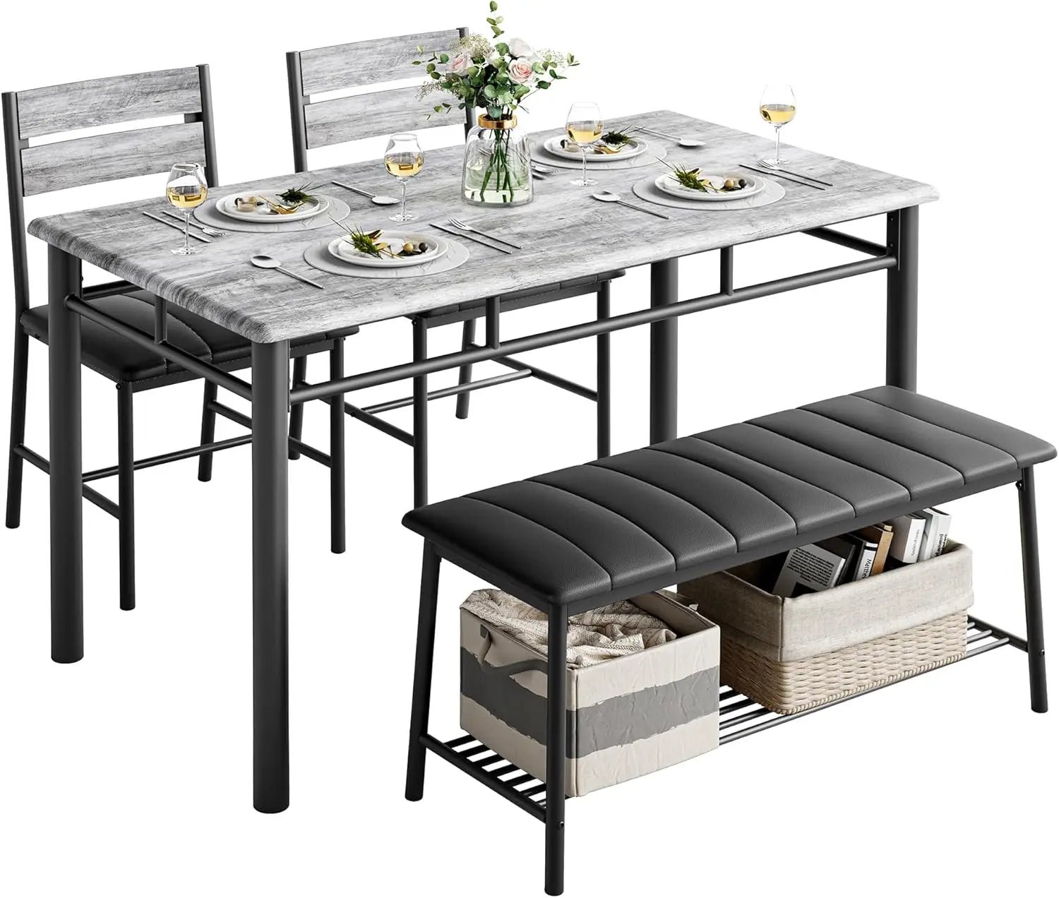 Dining Table Set for 4, Kitchen Table and Chairs and Bench Set for Small Space