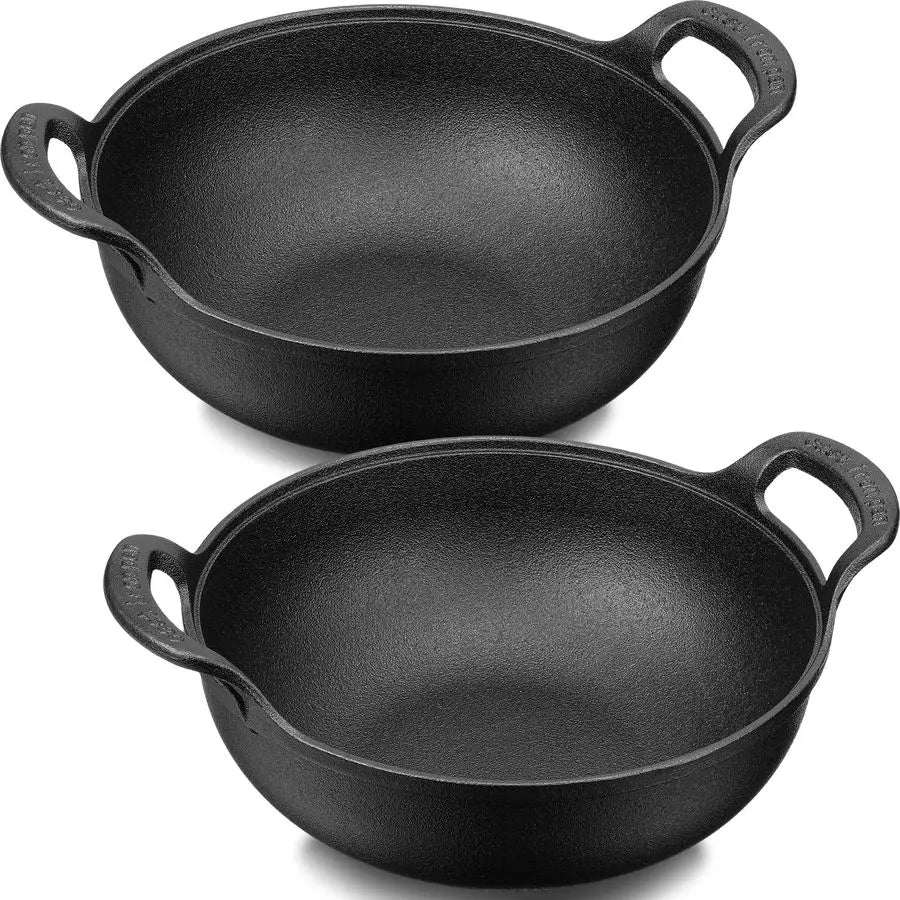 2 Sets Cast Iron Wok with Loop Handle 10 Inch Mini Wok