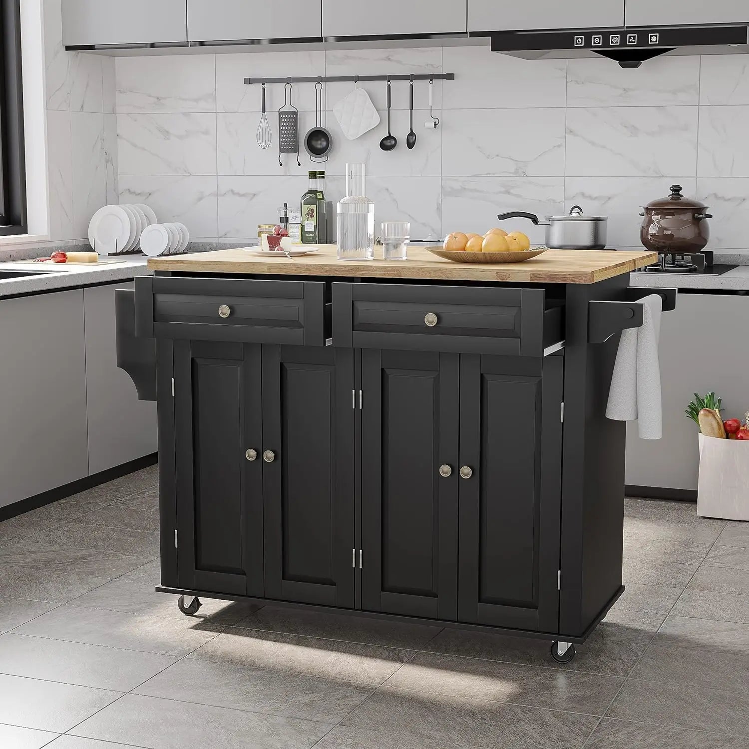 Kitchen Cart with Wood Top and Drop Leaf Breakfast Bar