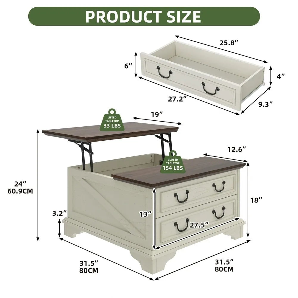Farmhouse Square Lift-Top Coffee Table Large with Hidden Compartment