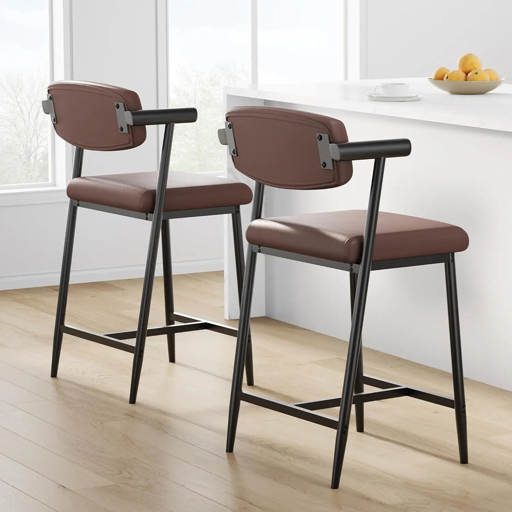 2Pcs Counter Height Bar Stools Comfortable Fully Upholstered Faux Leather Seat m