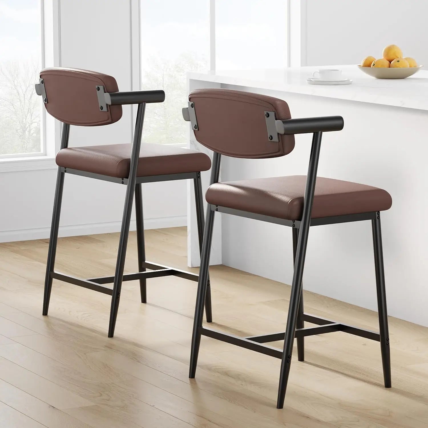 2Pcs Counter Height Bar Stools Comfortable Fully Upholstered Faux Leather Seat m
