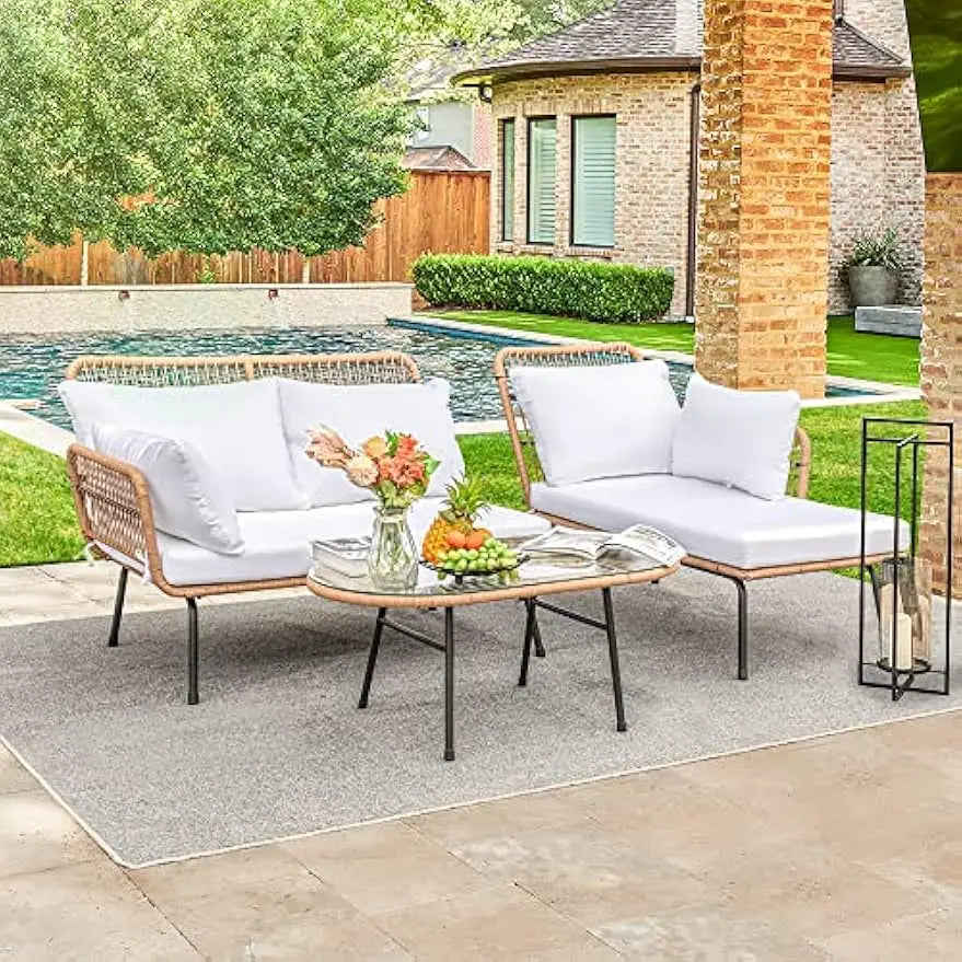 Outdoor L-Shaped Rope Sofa Set with Table & Cushions