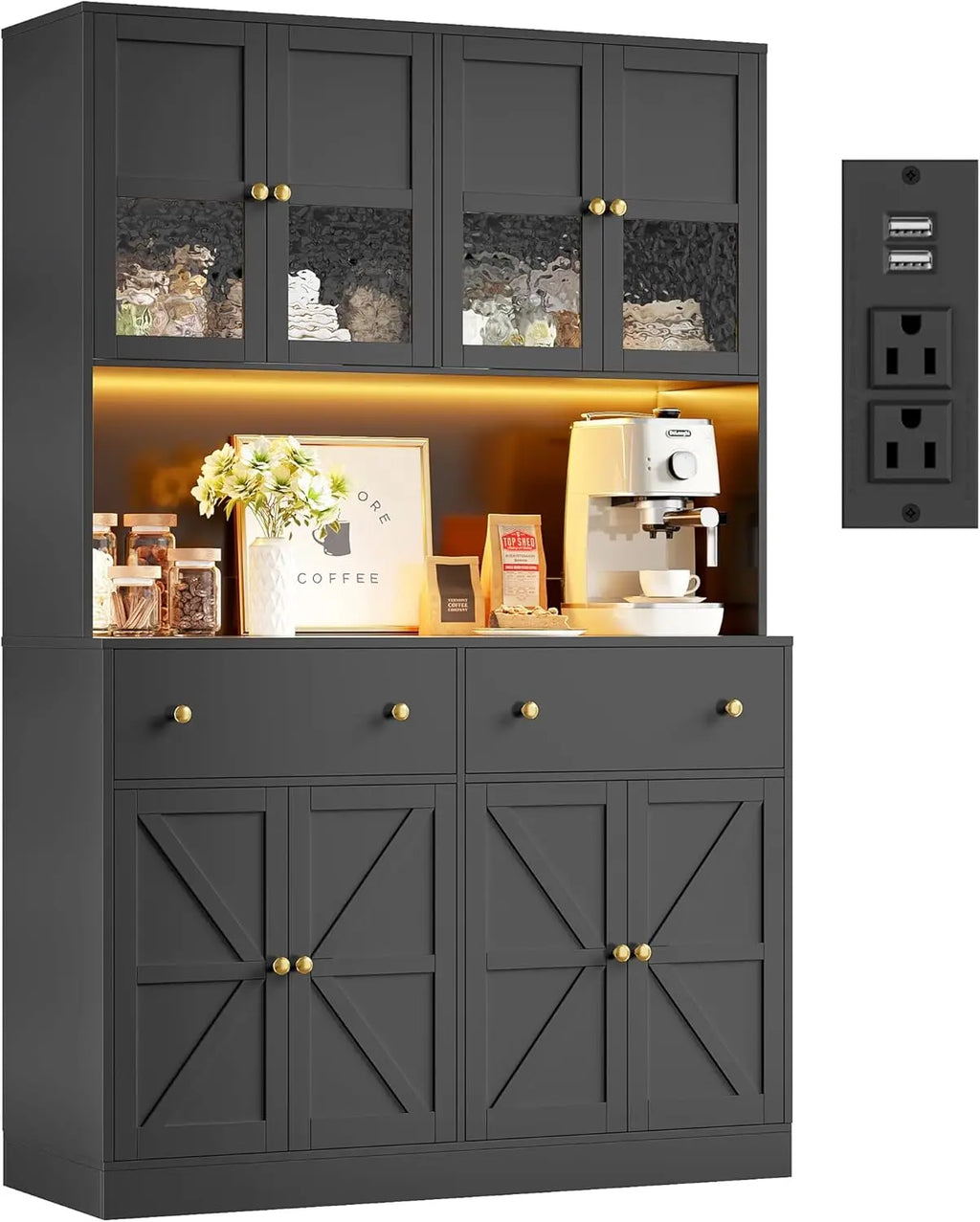 71 Inch Pantry with LED Light and Charging Station