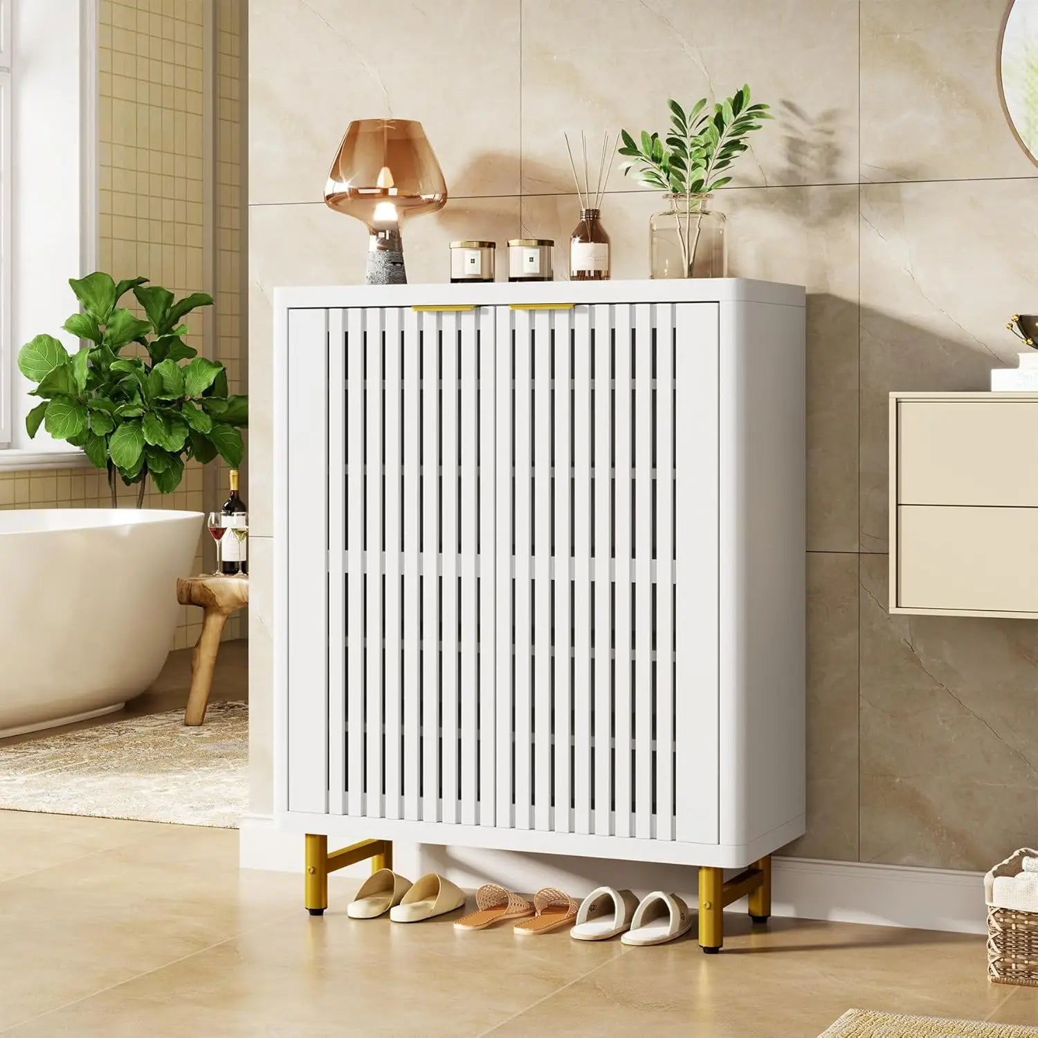 6-Tier Bathroom Floor Cabinet with 2 Shutter Doors, Wooden Bathroom Storage Cabinet with Adjustable Shelves