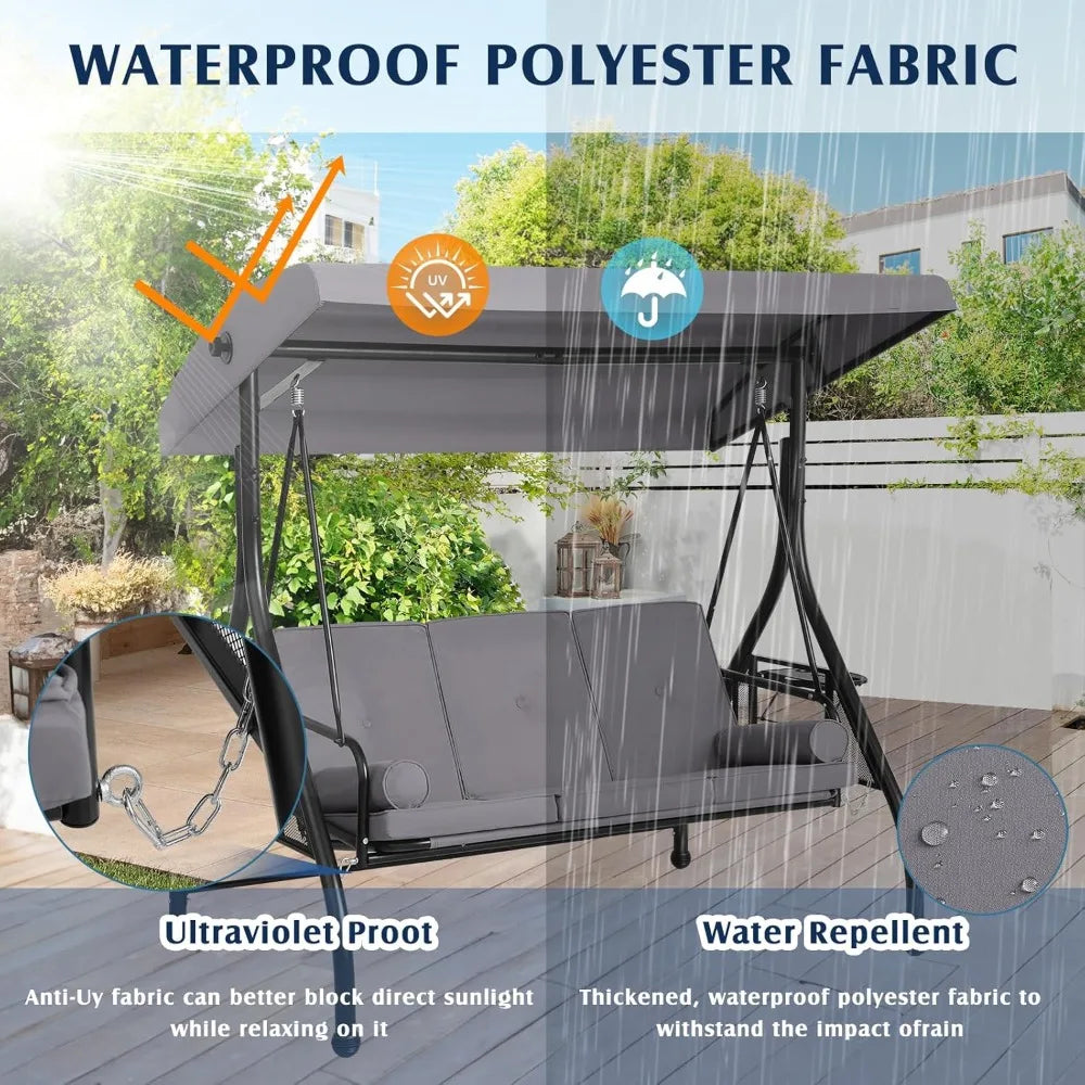 3 Person Outdoor Porch Swing with Canopy and Stand
