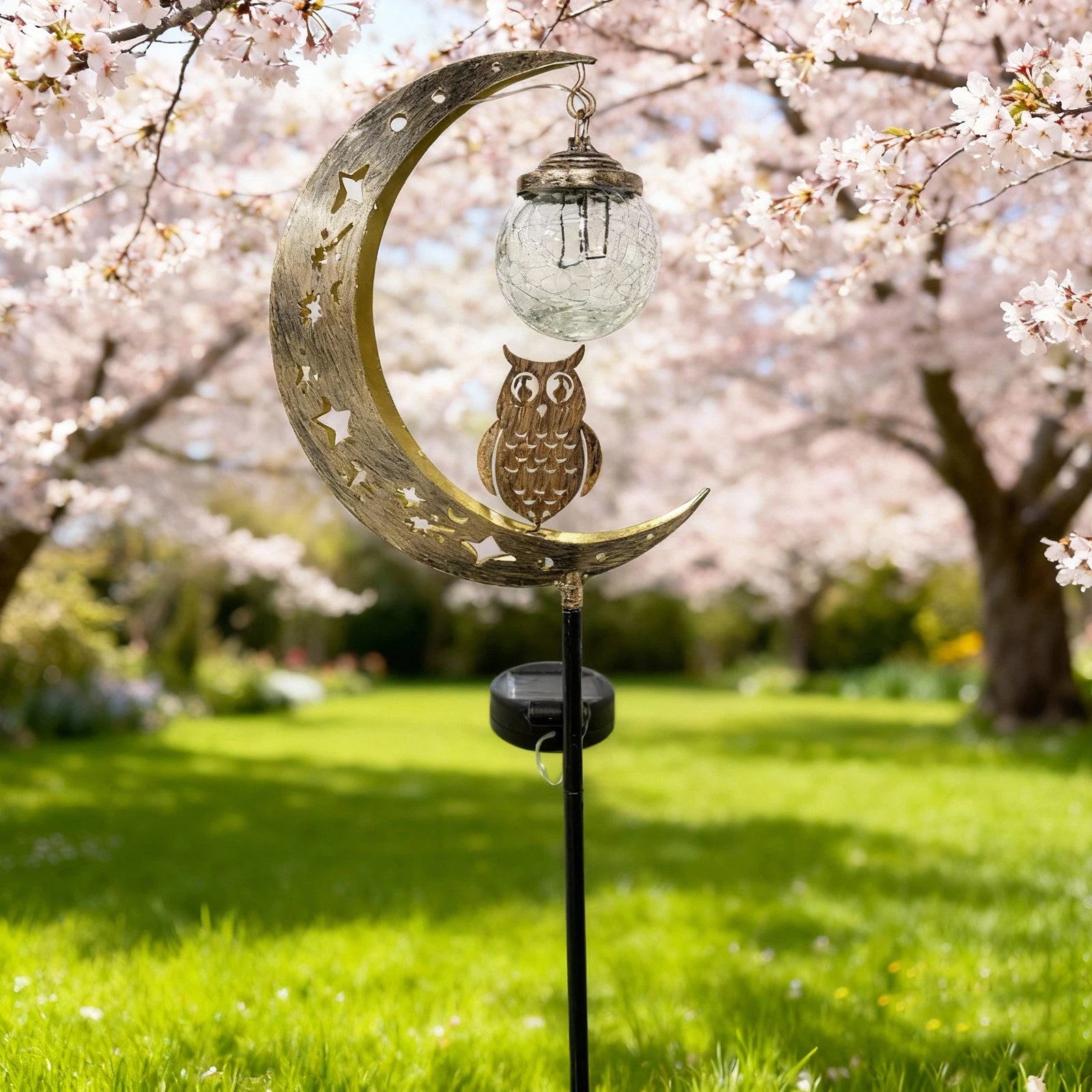Solar-Powered Moon-Shaped Ground Light with Owl & Glass Ball