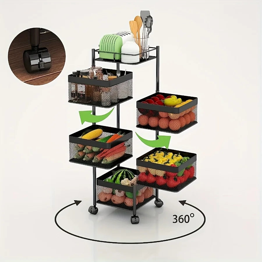 Kitchen Storage, Rotating 5-Tier Metal Fruit Vegetable Basket
