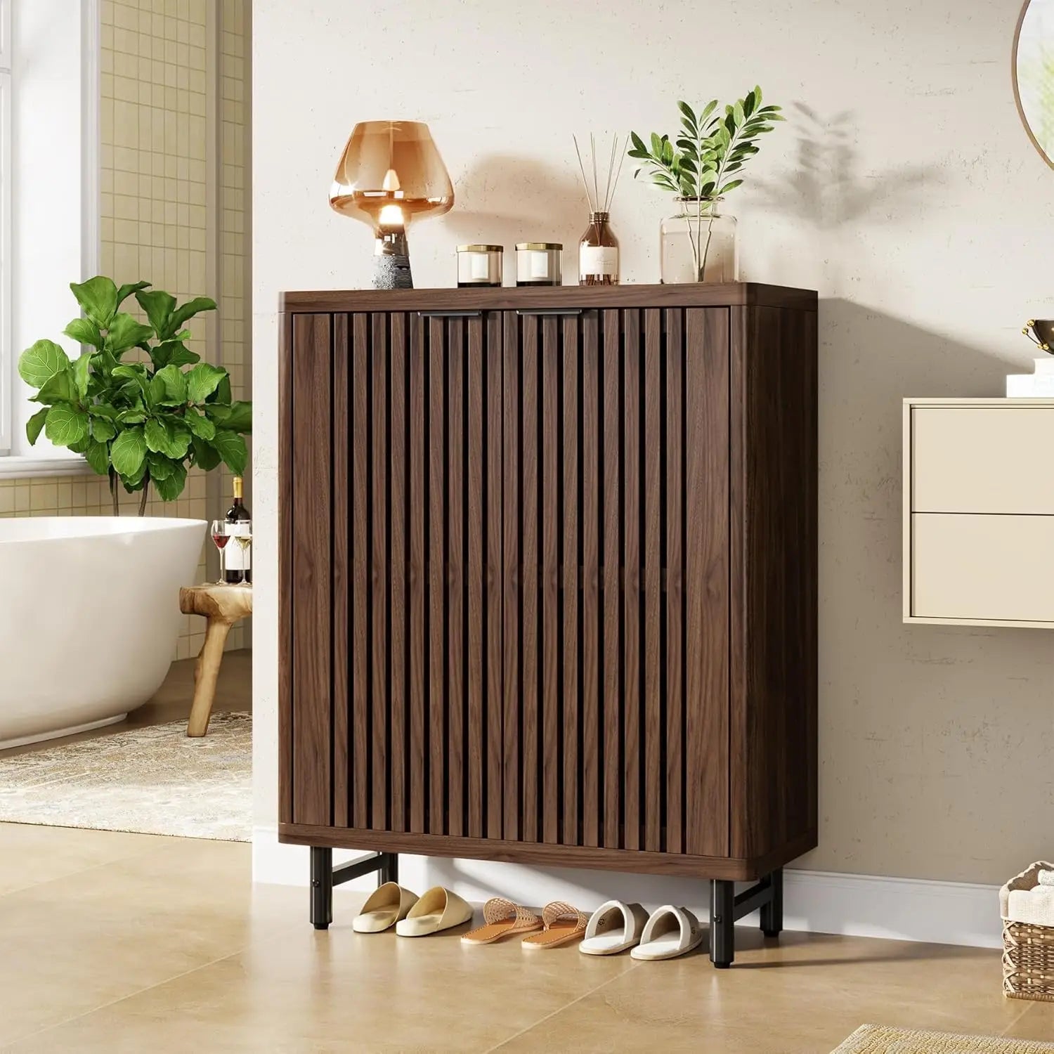 6-Tier Bathroom Floor Cabinet with 2 Shutter Doors, Wooden Bathroom Storage Cabinet with Adjustable Shelves
