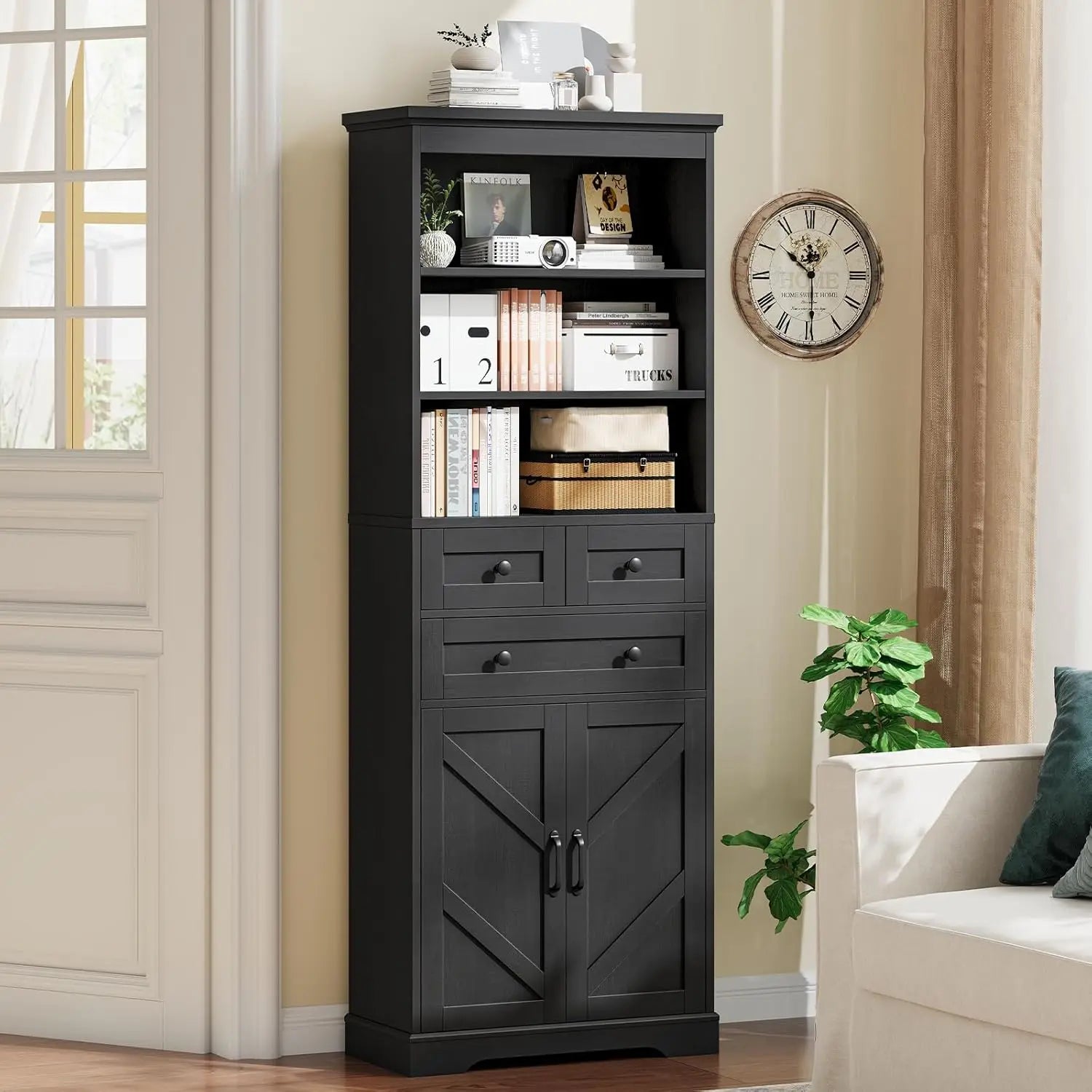 Farmhouse Bathroom Cabinet, 70" Tall Bathroom Storage Cabinet with 3 Drawers, Adjustable Shelves & Doors, 3 Tier