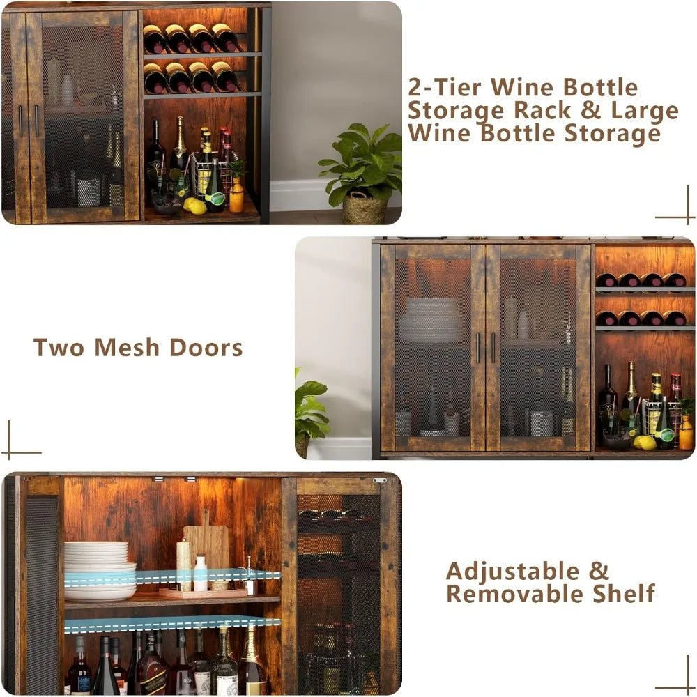 Wine Bar Cabinet with LED Light, Industrial Coffee Bar with Wine Rack & Glass Holder
