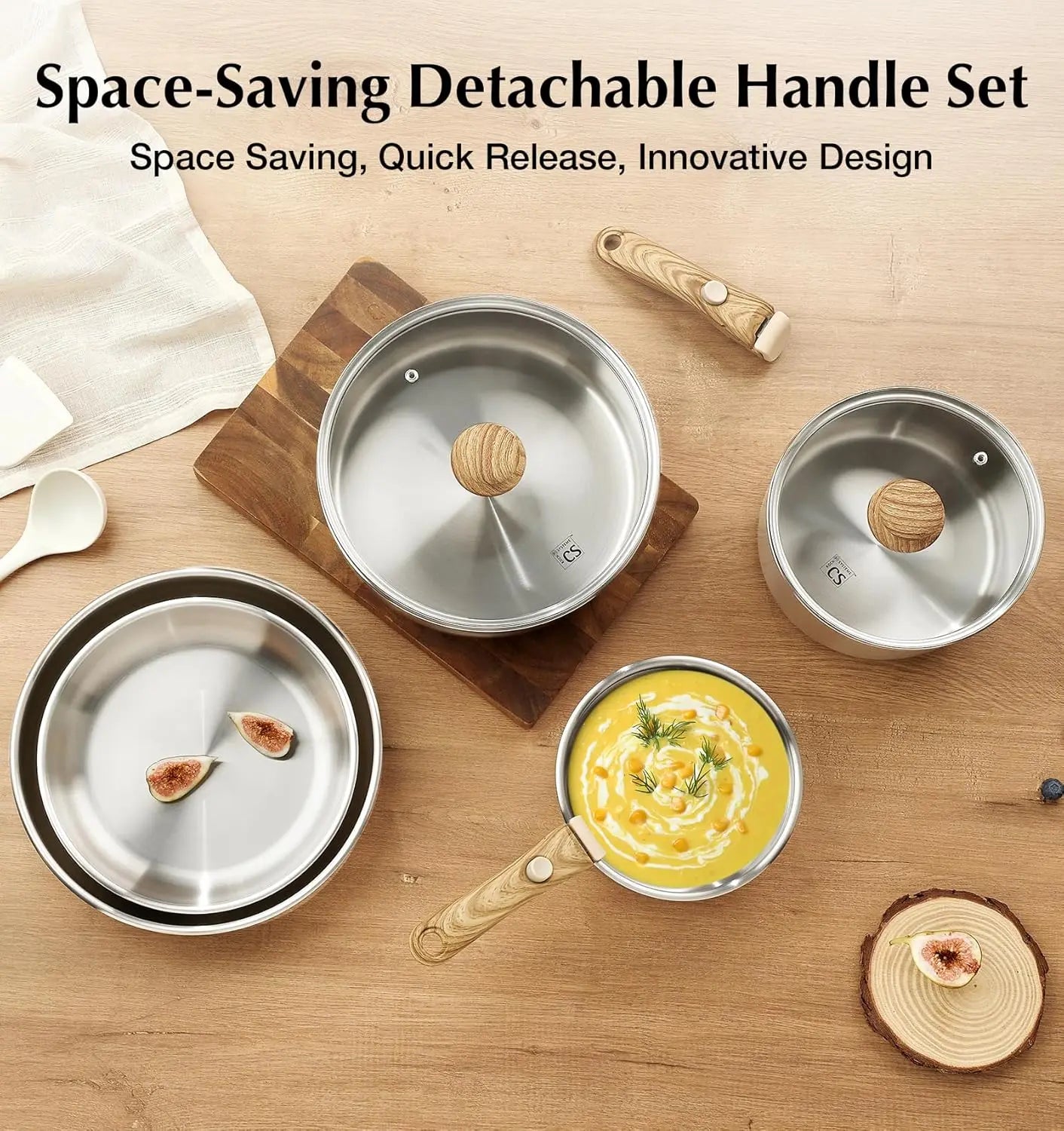 Stainless Steel Cookware Set, 18/10 Stainless Steel Pots and Pans Set 11PCS, Detachable Handle Pots and Pans for Easy Storage