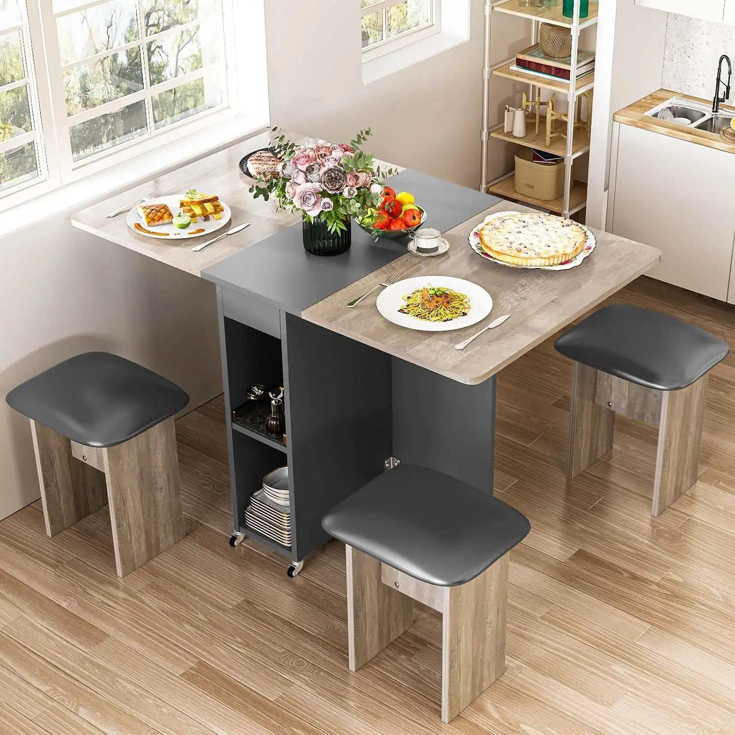 Folding Dining Table Set for 4, Leather Chairs and Shelves, Space Saving Foldable Dining Table