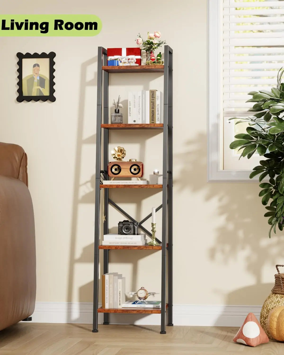 5 Tier Ladder Shelf Bookcase, Rustic Brown Metal Wood Display