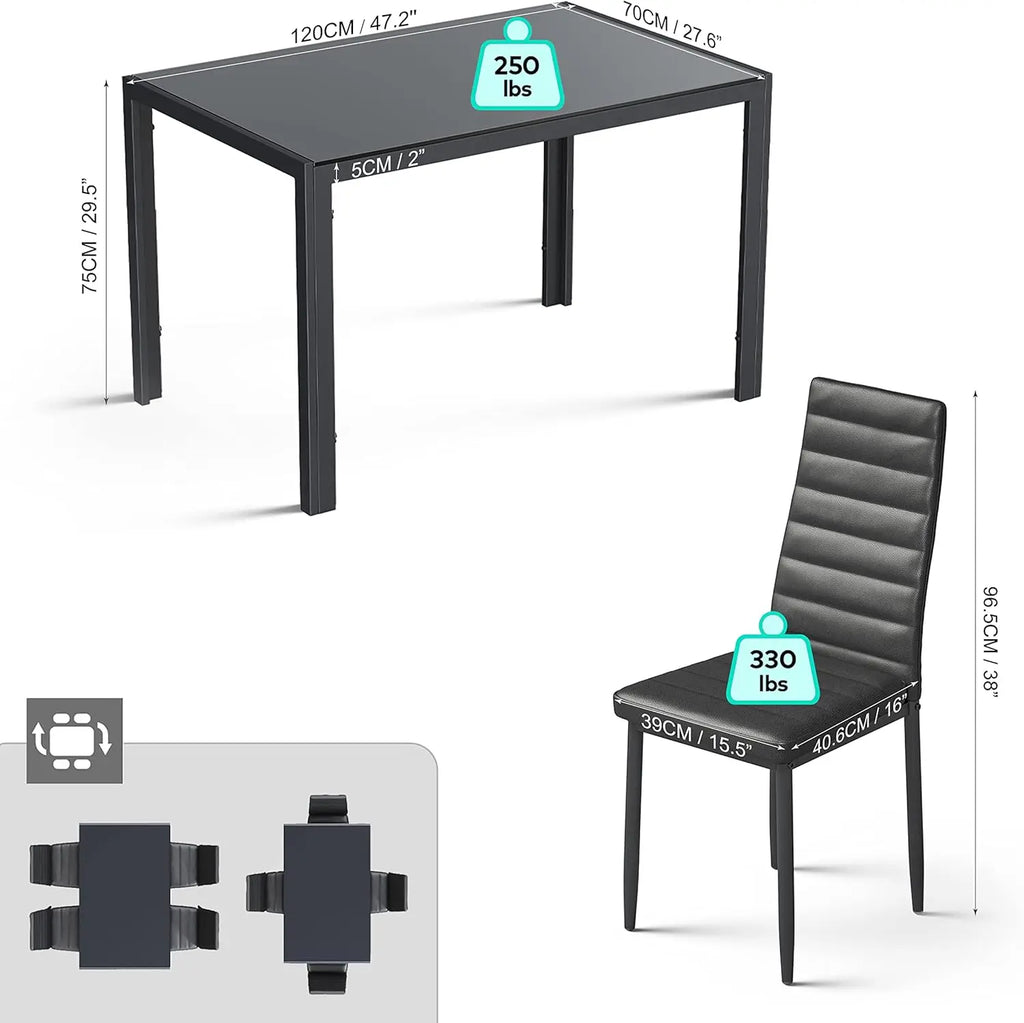 5 Piece Glass Dining Table Set, Kitchen and Chairs for 4