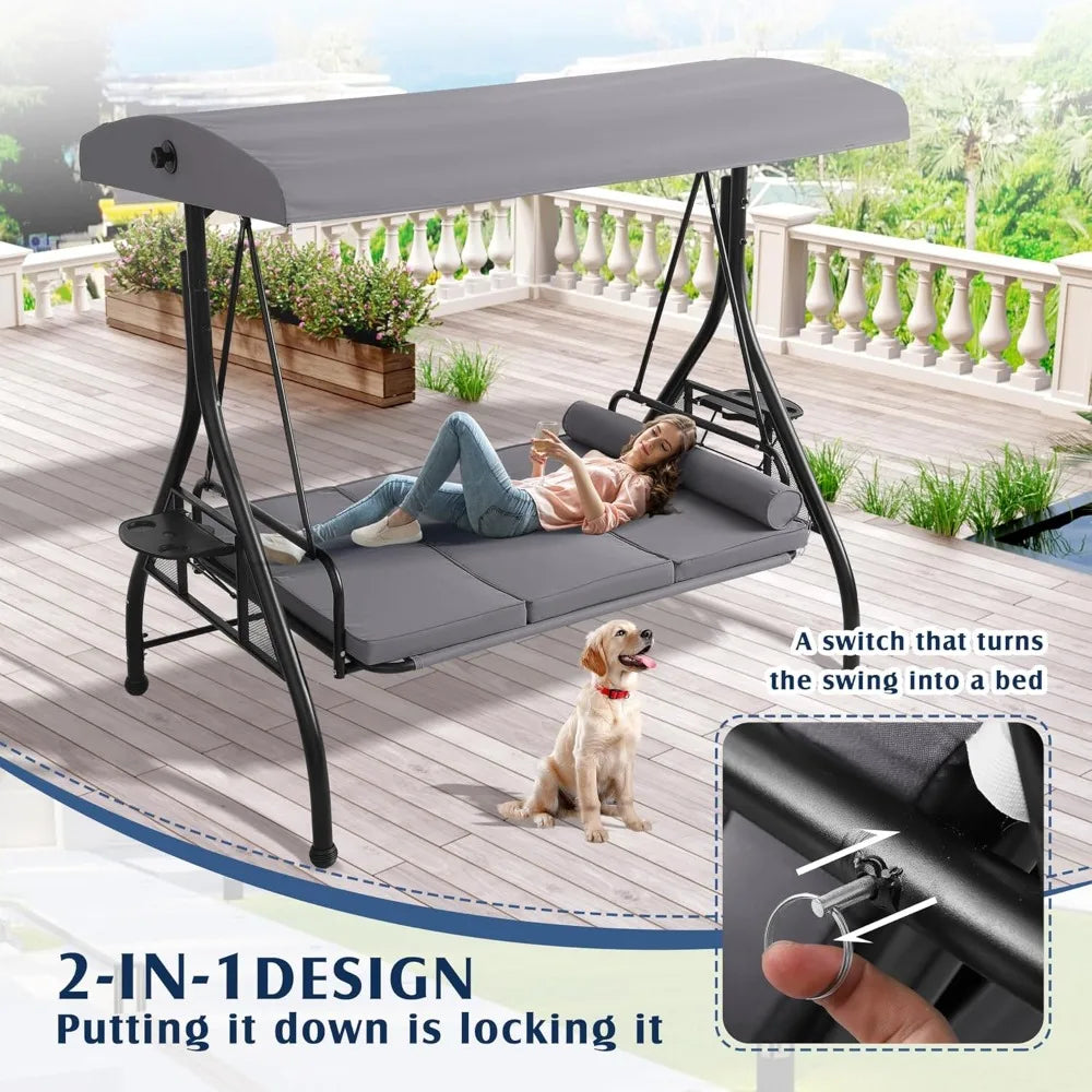 3 Person Outdoor Porch Swing with Canopy and Stand