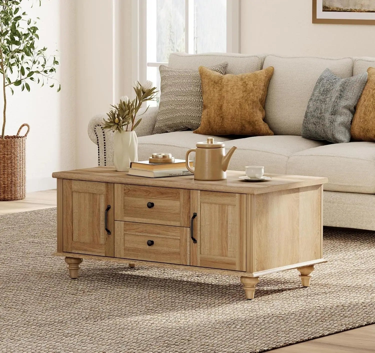 Farmhouse Coffee Table with Storage Cabinet