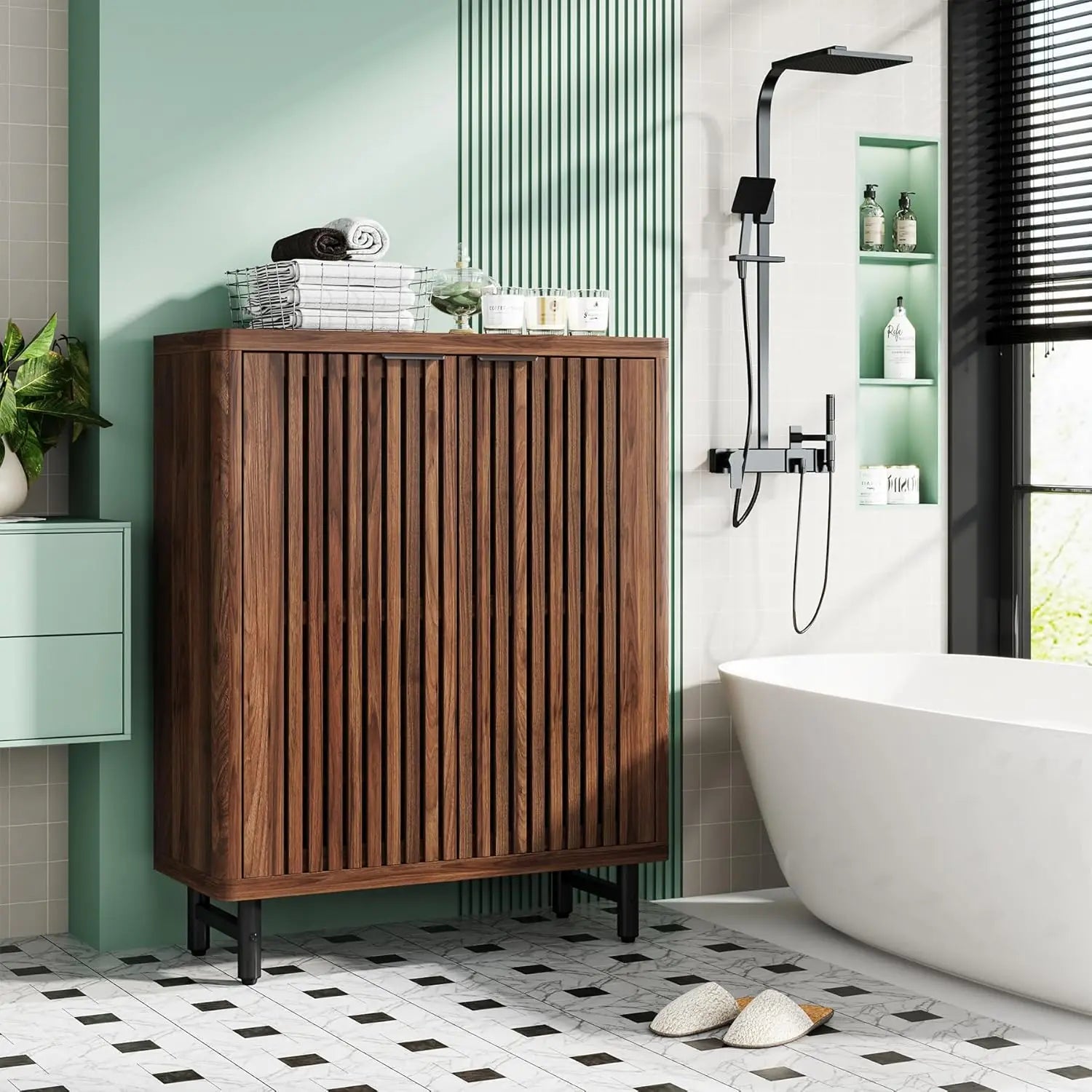 6-Tier Bathroom Floor Cabinet with 2 Shutter Doors, Wooden Bathroom Storage Cabinet with Adjustable Shelves